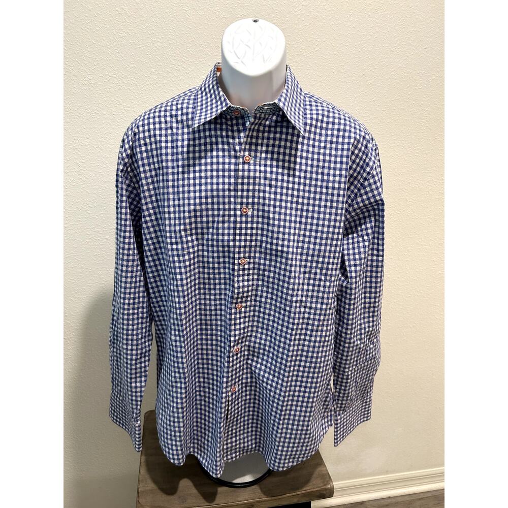 Robert Graham Men's XL Gingham Plaid Flip Cuff Button-Down Shirt Blue White B15